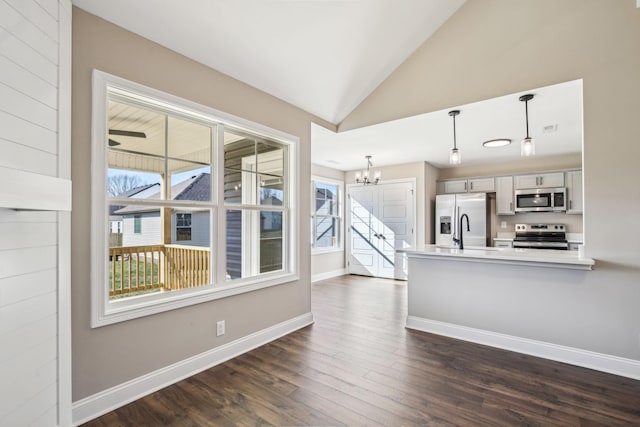 kitchen featuring lofted ceiling, dark hardwood / wood-style floors, appliances with stainless steel finishes, and pendant lighting