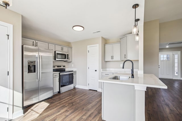 kitchen with pendant lighting, stainless steel appliances, sink, dark hardwood / wood-style floors, and kitchen peninsula