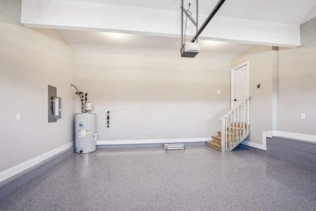 garage with a garage door opener, electric panel, and electric water heater