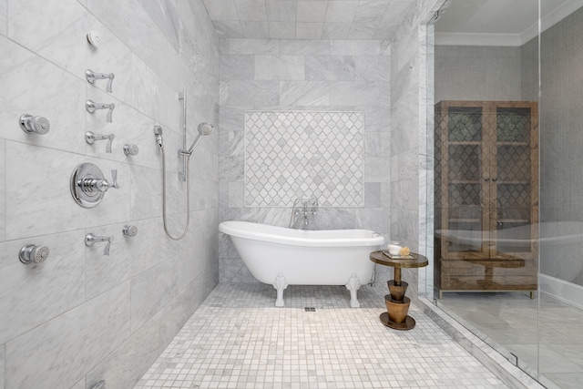 bathroom with crown molding, tile walls, and shower with separate bathtub