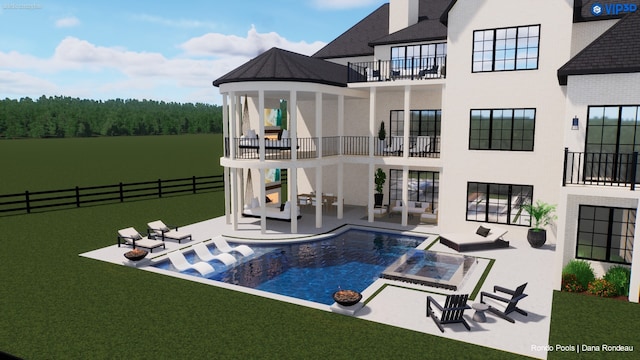 view of swimming pool featuring a lawn, a patio, and an in ground hot tub