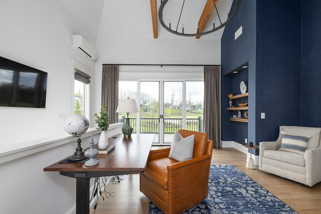 living area featuring high vaulted ceiling, hardwood / wood-style flooring, and a wall mounted air conditioner