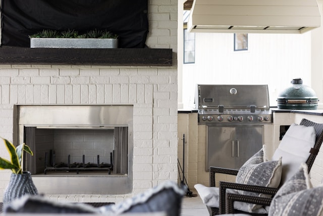 exterior details featuring a brick fireplace