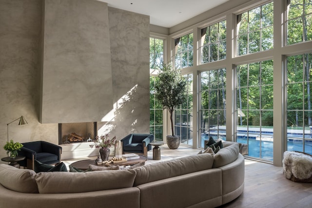 living room with hardwood / wood-style flooring and a fireplace