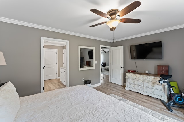 bedroom featuring ceiling fan, ornamental molding, and light hardwood / wood-style floors