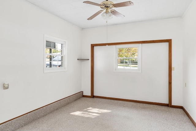 unfurnished room with plenty of natural light, ceiling fan, and carpet floors