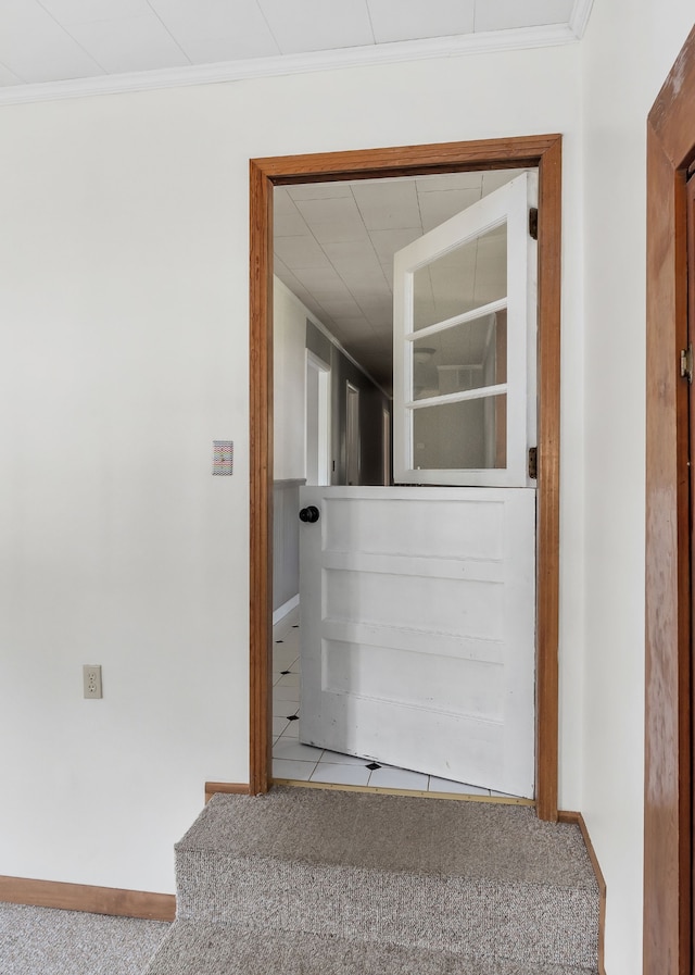 corridor with crown molding and carpet floors