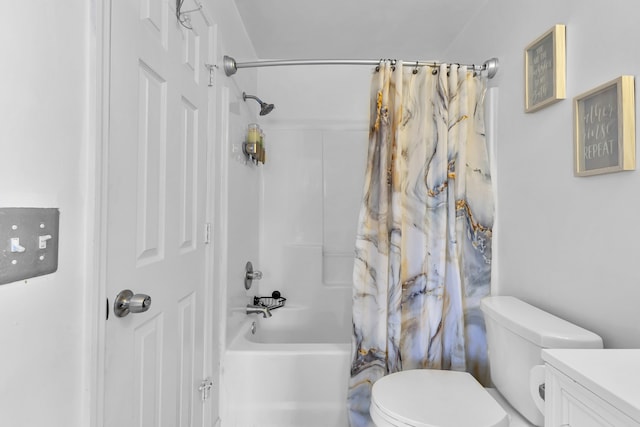 full bathroom featuring shower / bath combination with curtain, vanity, and toilet