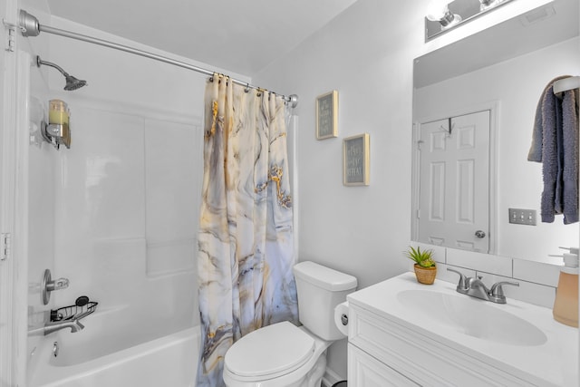 full bathroom with shower / bathtub combination with curtain, vanity, and toilet