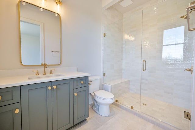 full bathroom with tile patterned floors, toilet, a stall shower, and vanity