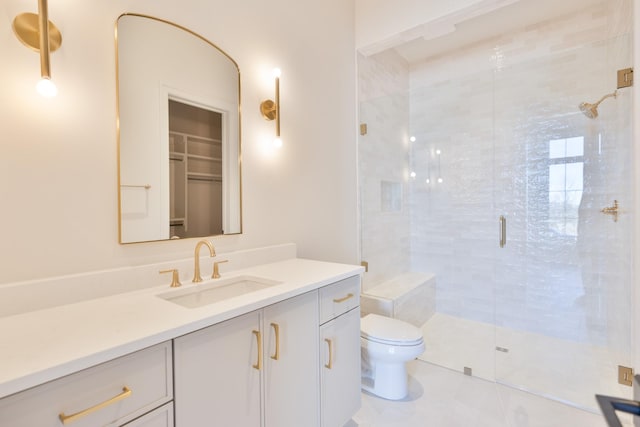 bathroom featuring tile patterned flooring, a shower stall, toilet, and vanity