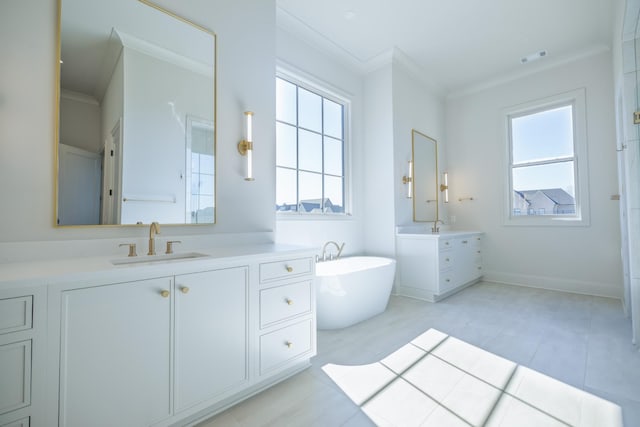 bathroom featuring a sink, a freestanding tub, two vanities, and ornamental molding