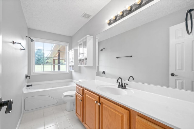 full bath with a bathtub, a textured ceiling, visible vents, vanity, and toilet