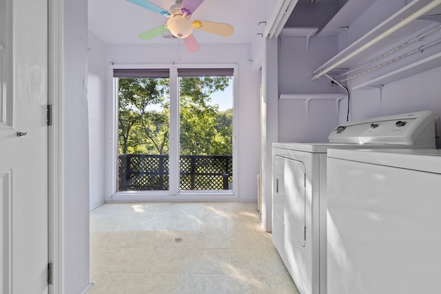 washroom with light tile patterned flooring, washing machine and clothes dryer, and ceiling fan