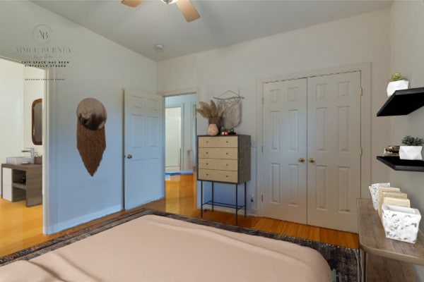 bedroom with ceiling fan, a closet, and wood-type flooring