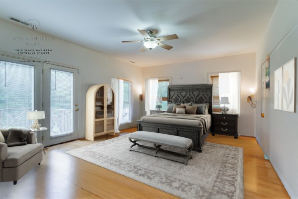 bedroom with access to outside, ceiling fan, and light hardwood / wood-style floors