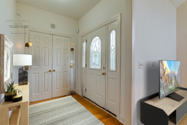 foyer entrance with hardwood / wood-style flooring