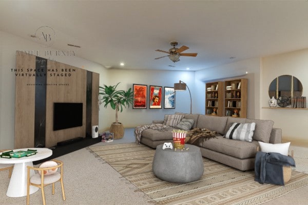 living room with ceiling fan and carpet floors