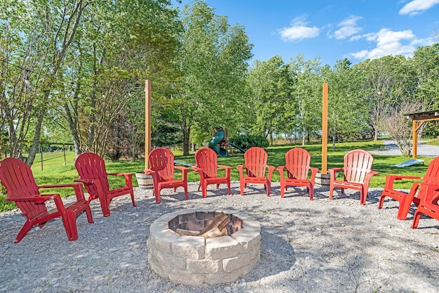 view of patio / terrace with a fire pit