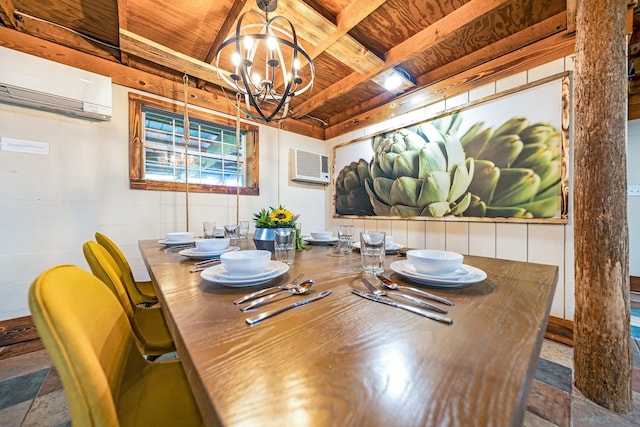 dining area featuring wood ceiling, a wall unit AC, a chandelier, and beam ceiling