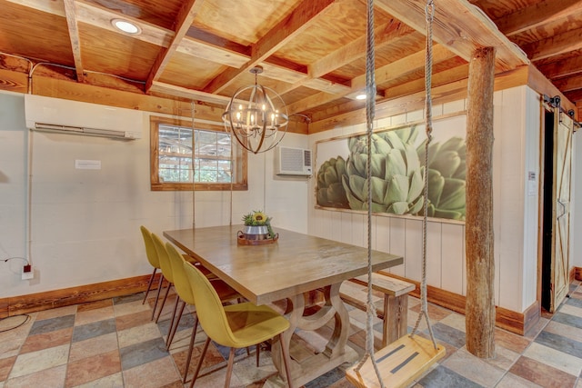 dining area with a chandelier and an AC wall unit