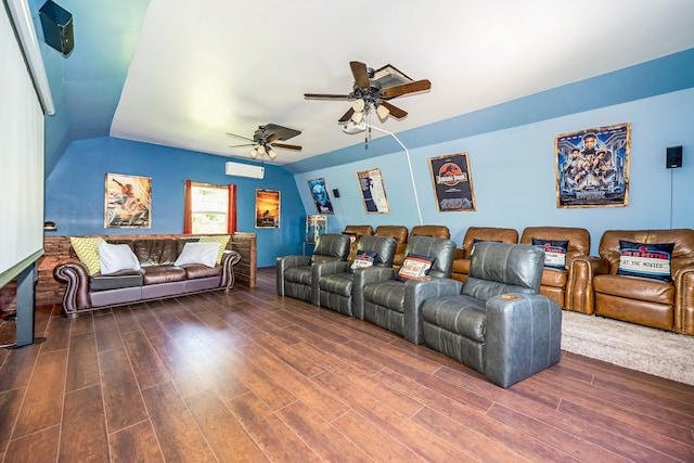 living room featuring lofted ceiling, dark wood-type flooring, and ceiling fan