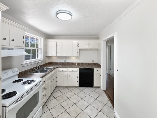 kitchen with dishwasher, white electric range, white cabinets, and range hood