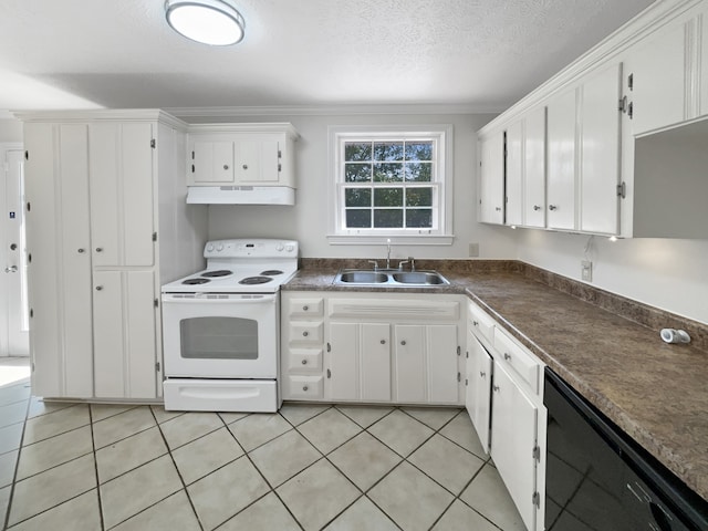 kitchen with light tile patterned floors, crown molding, sink, white electric range oven, and white cabinets