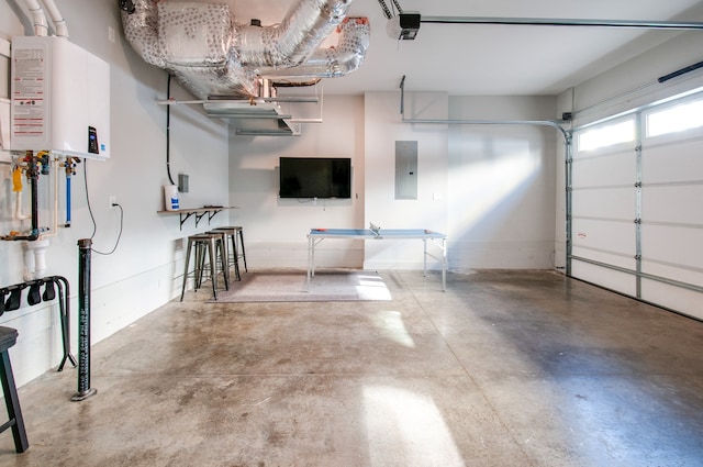 garage featuring a garage door opener, water heater, and electric panel