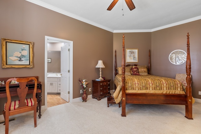 carpeted bedroom with ceiling fan, connected bathroom, and crown molding