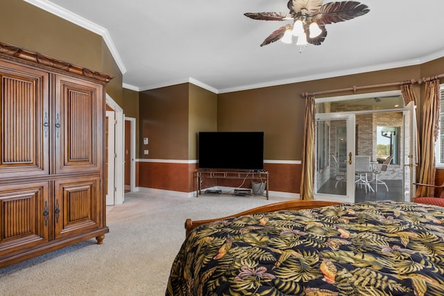 carpeted bedroom featuring ceiling fan, access to exterior, and crown molding