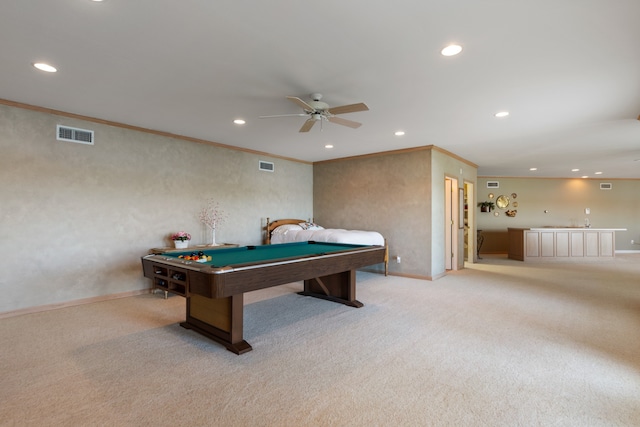 playroom with ornamental molding, light colored carpet, pool table, and ceiling fan