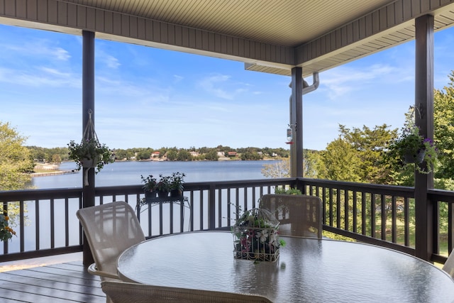 deck featuring a water view