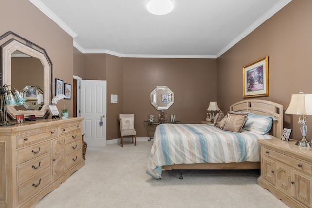 carpeted bedroom featuring ornamental molding