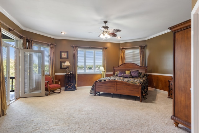 bedroom featuring crown molding, access to exterior, ceiling fan, and light colored carpet