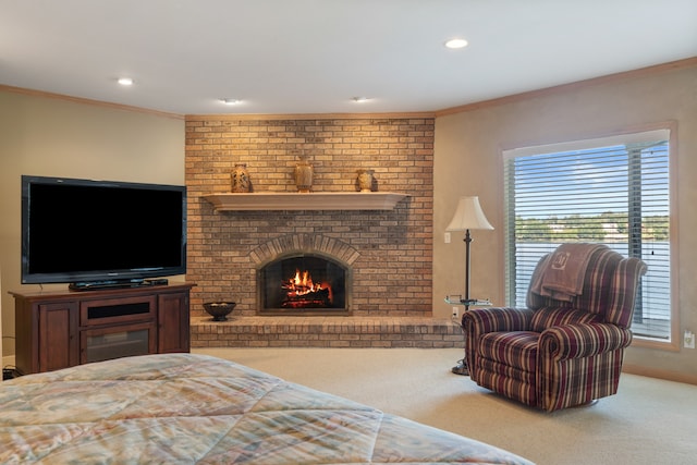 carpeted bedroom featuring ornamental molding and a fireplace