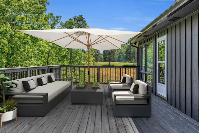 wooden deck featuring an outdoor living space