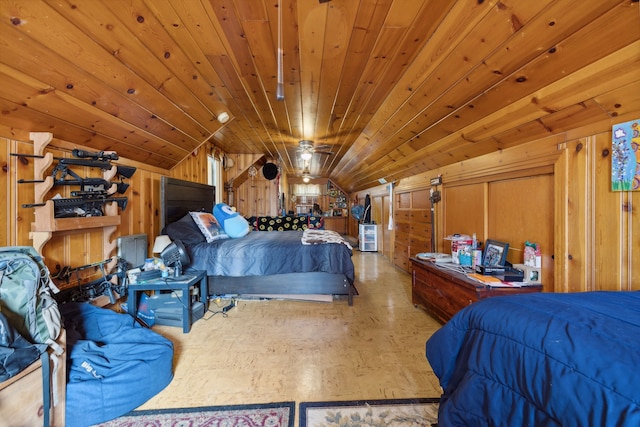 bedroom with vaulted ceiling, wooden walls, and wooden ceiling