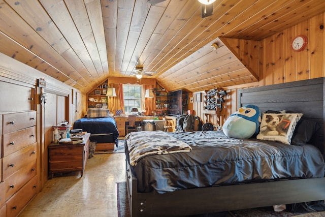bedroom with wood ceiling, vaulted ceiling, light wood-type flooring, and wooden walls