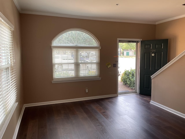 foyer entrance featuring dark hardwood / wood-style floors and crown molding