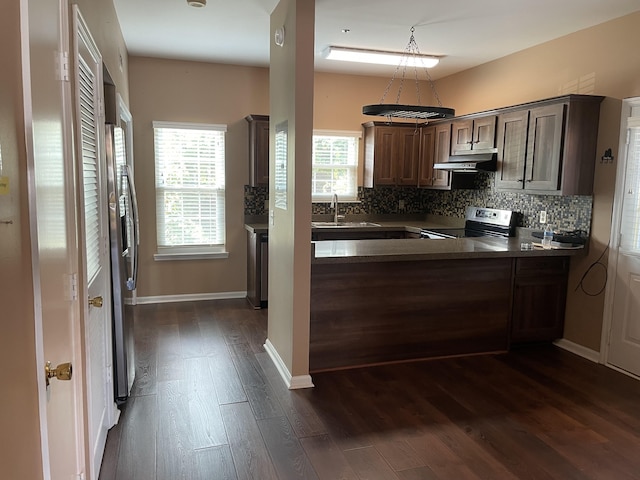 kitchen featuring sink, electric stove, dark wood-type flooring, decorative backsplash, and dark brown cabinetry