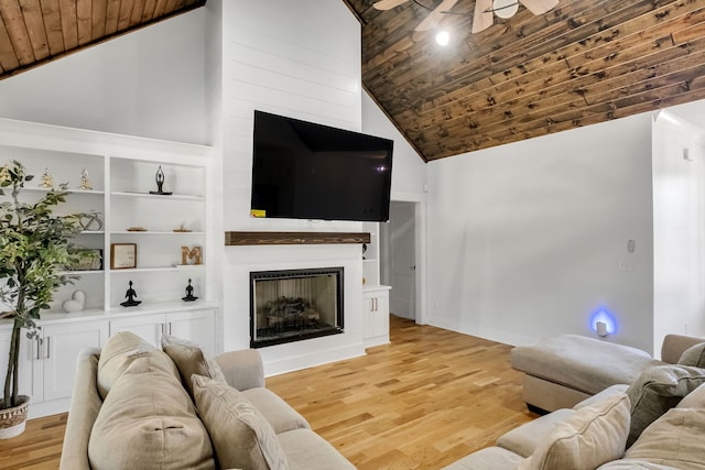 living room featuring a fireplace, wooden ceiling, light hardwood / wood-style floors, ceiling fan, and high vaulted ceiling