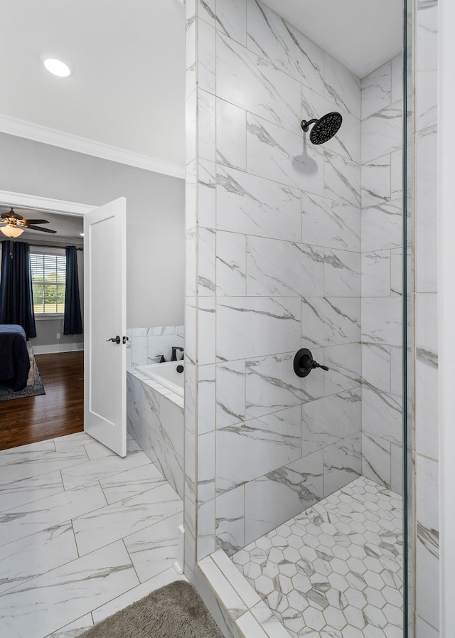 bathroom featuring ceiling fan, ornamental molding, hardwood / wood-style floors, and plus walk in shower