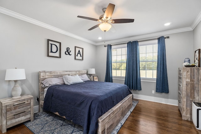 bedroom with dark wood-type flooring, ceiling fan, and crown molding