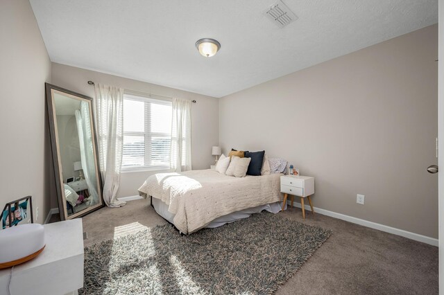 bedroom with a textured ceiling and carpet floors