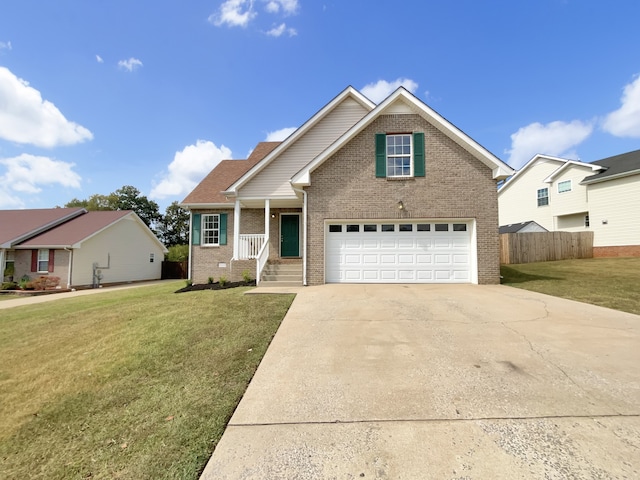 view of front of property with covered porch, a front yard, and a garage