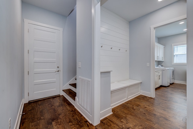 mudroom featuring washer / clothes dryer and dark hardwood / wood-style flooring