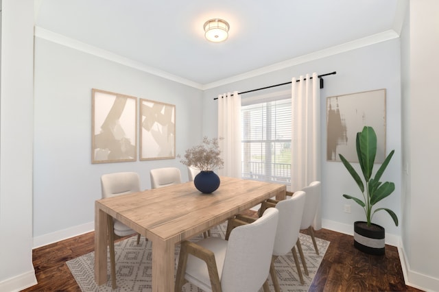 dining area featuring ornamental molding and dark hardwood / wood-style floors