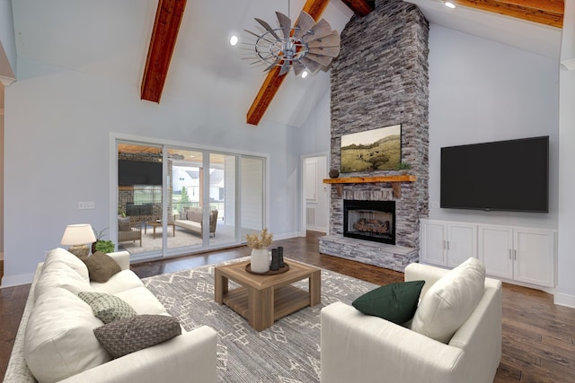 living room with beam ceiling, a fireplace, high vaulted ceiling, hardwood / wood-style floors, and ceiling fan