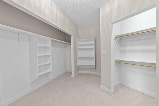 walk in closet with light colored carpet